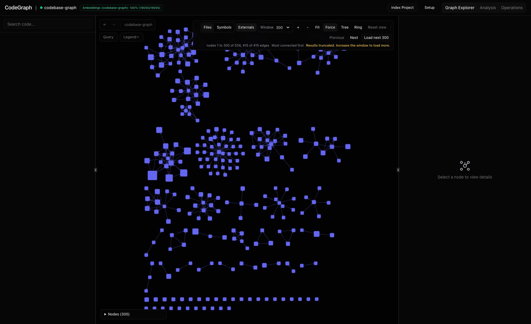 CodeGraph Graph Explorer in Files mode with the Externals visibility toggle and exact file graph totals