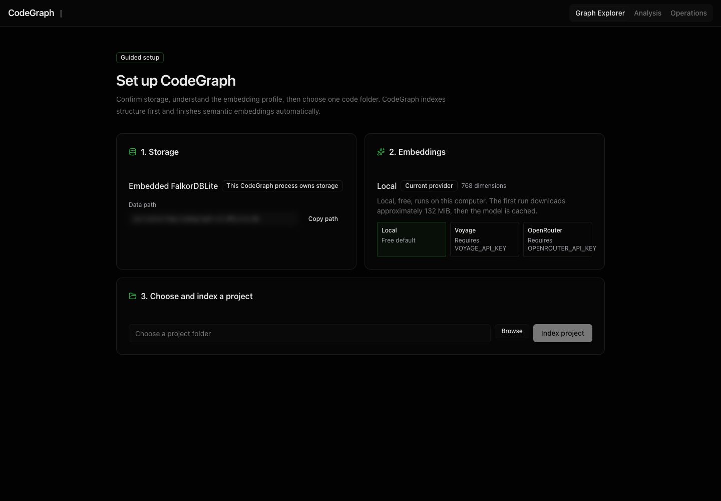 CodeGraph guided setup showing embedded FalkorDBLite ownership, the local 768-dimensional embedding profile, and the Browse project control