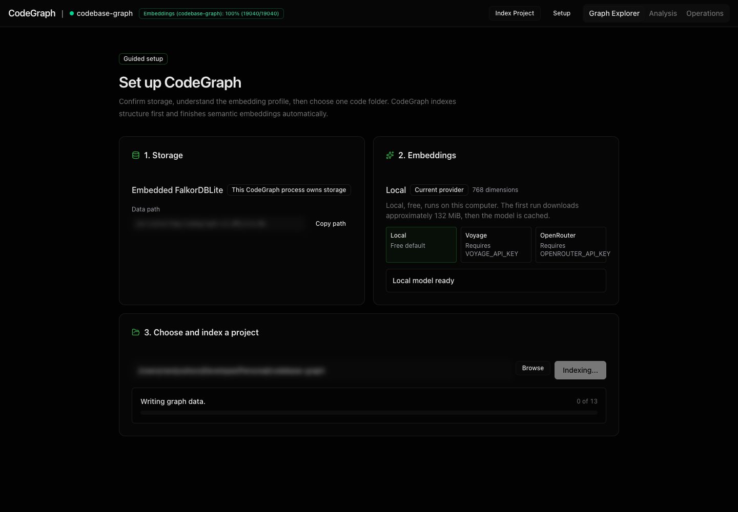 CodeGraph guided setup reporting live structure indexing progress while writing graph data